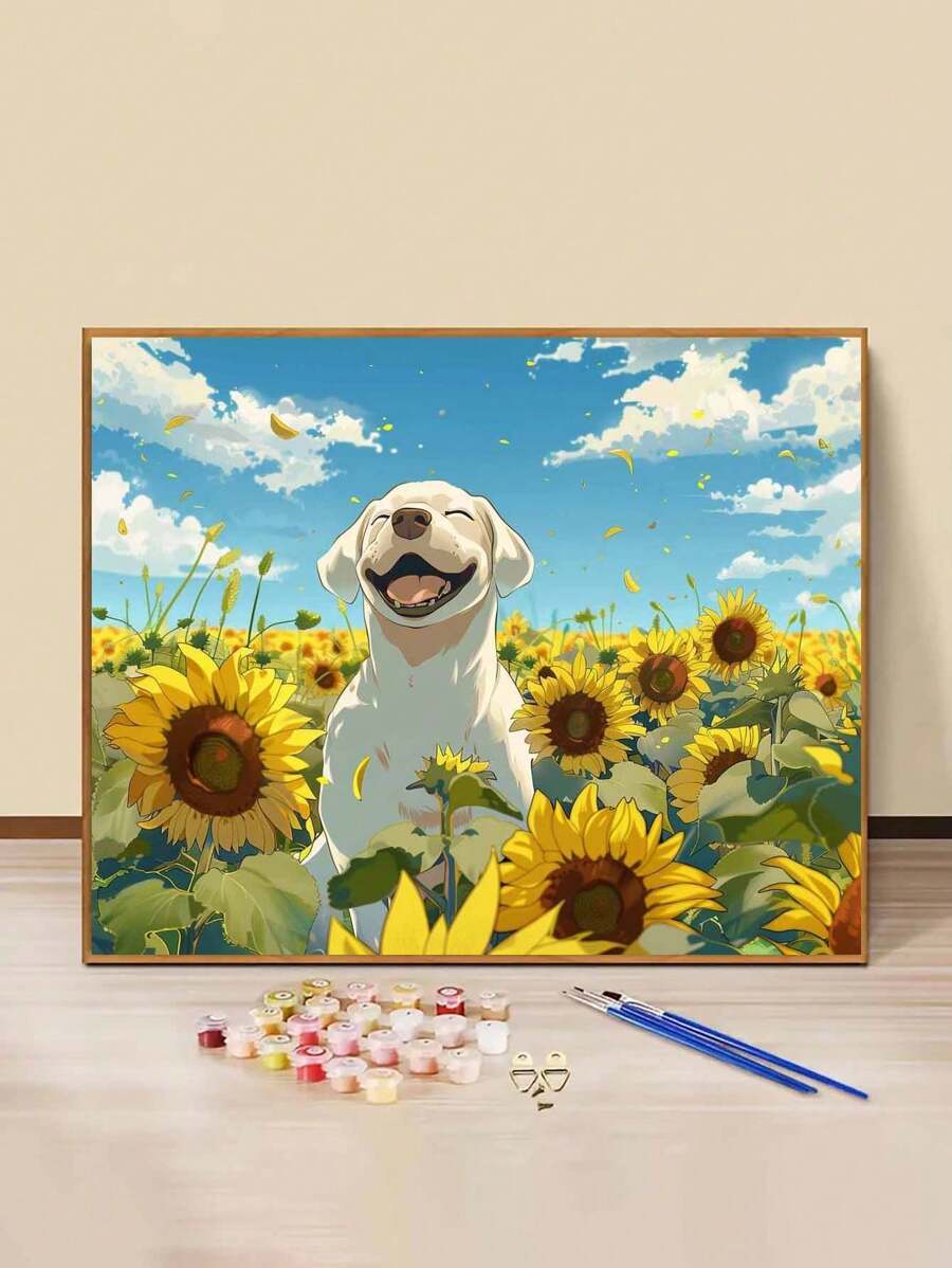向日葵和狗 初学者友好型数字油画，图案超清晰，颜料丰富易上色，轻松创作艺术杰作，适合装饰和送礼！高性价比数字油画，海量图案可供选择，颜料充足，在家就能体验绘画大师的成就感，无画框，40x50cm - 黃色 - 查看 1