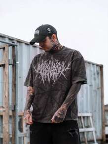 男士夏季运动图案印花圆领短袖 T 恤，休闲 T 恤