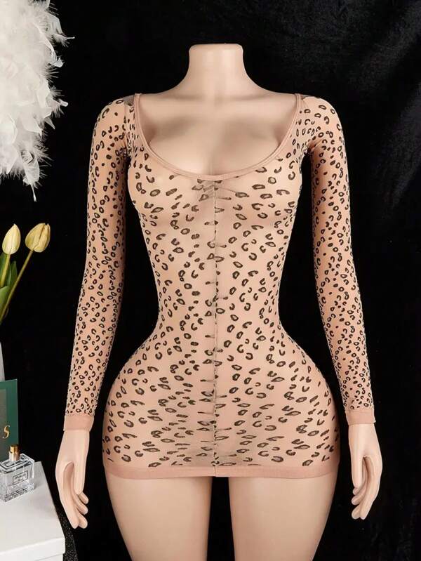Body de manga larga sin espalda 96% poliamida, ajustado. Mono de mujer sexy de punto con estampado de leopardo - Sin relleno, con forro de 100g/m², 4% elastano, adulto, estilo leopardo