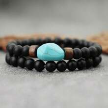 51Luckind 2pcs/Set Vintage Volcanic Stone & Turquoise Bead Asymmetrical Bracelet