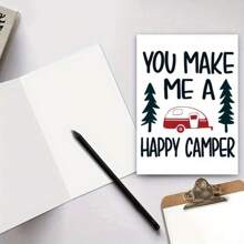 1pc Happy Camper Greeting Card With Envelope – Woodsy Camping Design Featuring Pine Trees & Red Camper, Perfect Gift For Family, Friends, Hikers, And Camping Enthusiasts, Ideal For Any Occasion