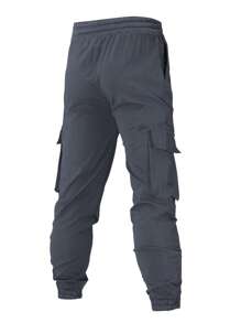 Spring And Autumn New Men's Casual Utility Jogger Sweatpants, Solid Color, Regular Fit, Plus Size, Fitness, Running, Multi-Pocket, Elastic Waist, Drawstring, Ankle Length Jogger Sweatpants - Grey - View 2