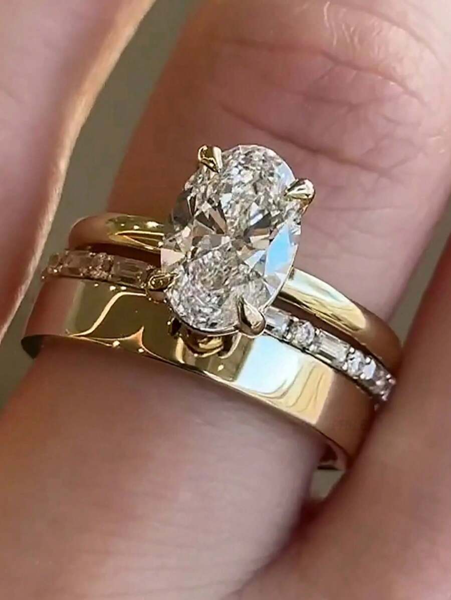 Set de 3 piezas con anillo de compromiso, anillo de eternidad y anillo liso. Juego nupcial con zirconia cúbica de corte ovalado único. Regalo para ella, anillo de promesa, set de boda