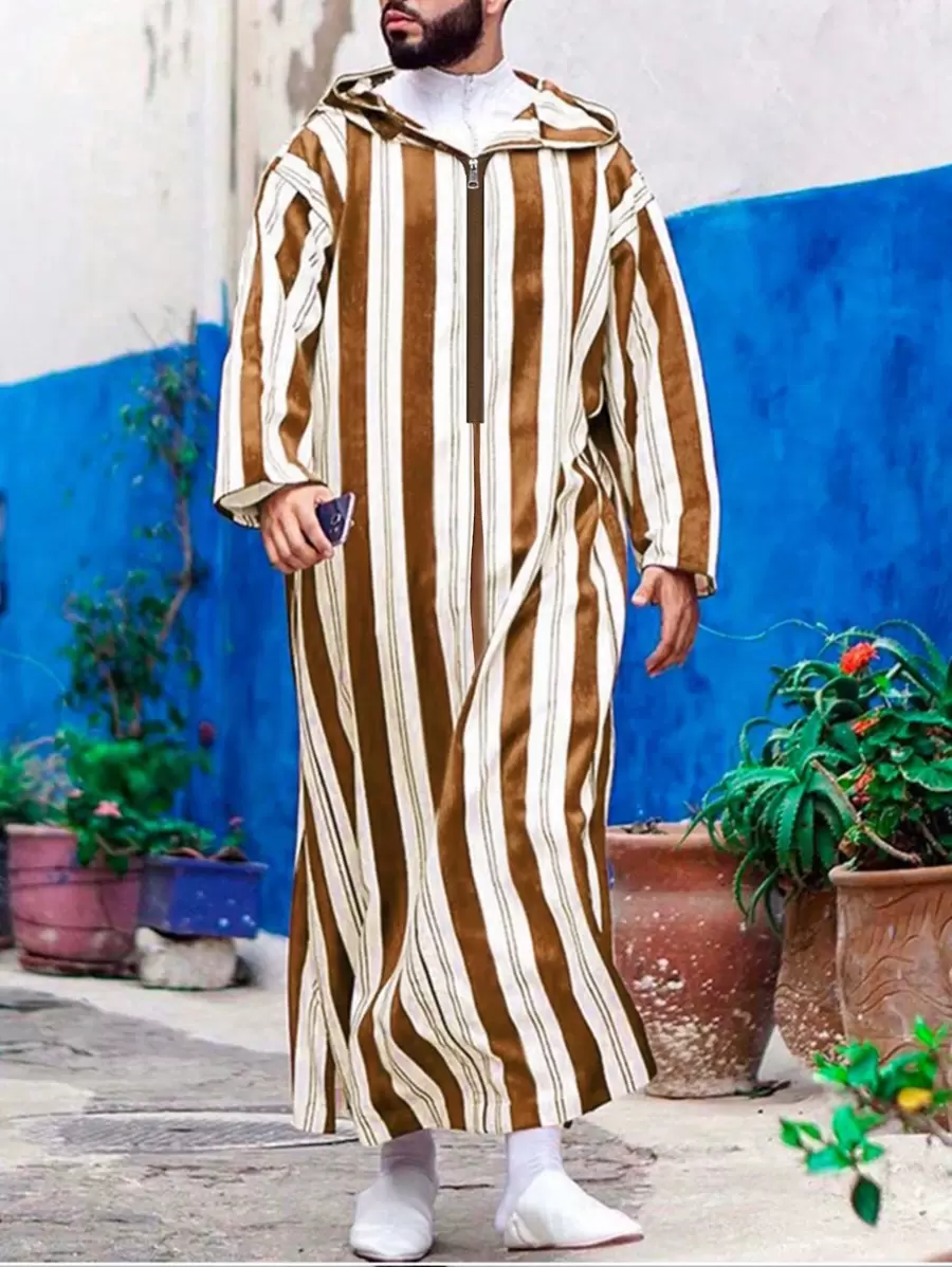 Long Sleeve All-In-One Arab Style Striped Print Men's Robe, Absorbs Sweat - Yellow - View 1