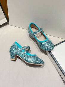 Girls Shimmering High Heel Dance Shoes, Chic And Comfortable Dress Shoes For Shows And Parties, Spring, Summer, Autumn And Winter - Stylish And Elegant Solid Color Sequin Design - Cadet Blue - View 6