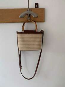 1pc Women's Versatile Retro Small Bag, Colorblock Woven Straw Casual Handbag, Bamboo Joint Tote Shoulder Crossbody Bag, Fashion