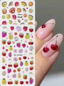 2 pièces Autocollants 5D de fruits de dessin animé: cerises, fraises, citrons d'été, oranges, pêches mignonnes, raisins, ananas. Fournitures pour ongles