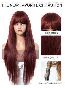 时尚粉色长直合成假发：外观自然，耐热，适合日常使用。编织假发，合成头发，时尚，耐热，适合日常使用 - 酒紅色 - 查看 7