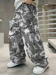 1st Jongens/Tieners Casual Camo Print Losse Cargo Broek, Multi-Zak Wijde Pijpen Broek, Buiten Oefening, Lente/Zomer/Herfst/Winter