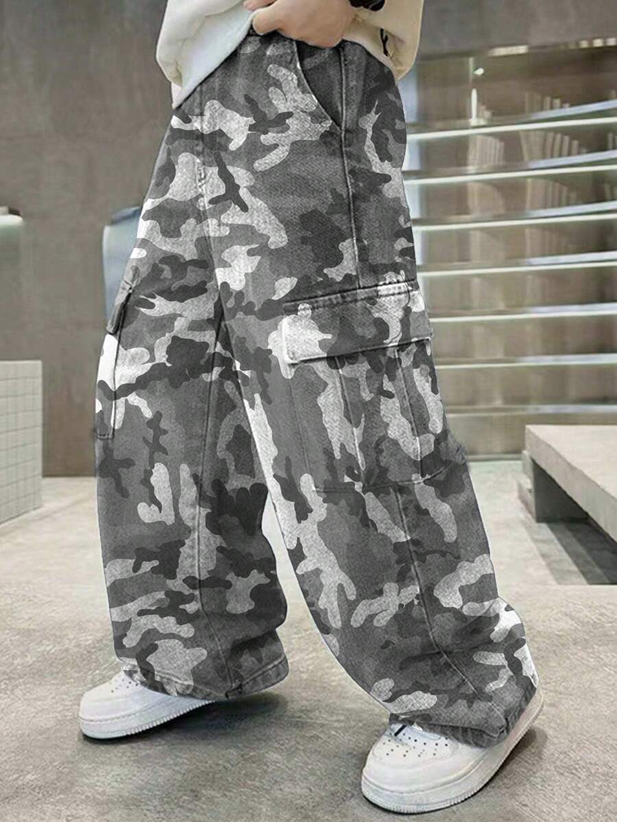 1st Jongens/Tieners Casual Camo Print Losse Cargo Broek, Multi-Zak Wijde Pijpen Broek, Buiten Oefening, Lente/Zomer/Herfst/Winter