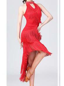 女士拉丁舞裙比赛裙亮片流苏拉丁舞裙不对称流苏裙舞台表演裙 - 彩色 - 查看 4