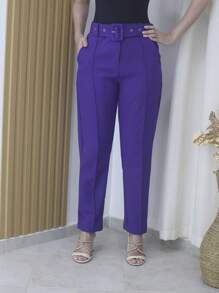 Women's Tailored Formal Pants In Polyester Elastane With Belt - Maxma 6622 - Violet 2 - View 2