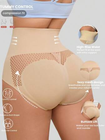 1pc Seamless High Waist Ribbed Shaping Panties For Women, Apricot Color, Breathable Heart-Shaped Sexy Hollow-Out Design Triangle Briefs