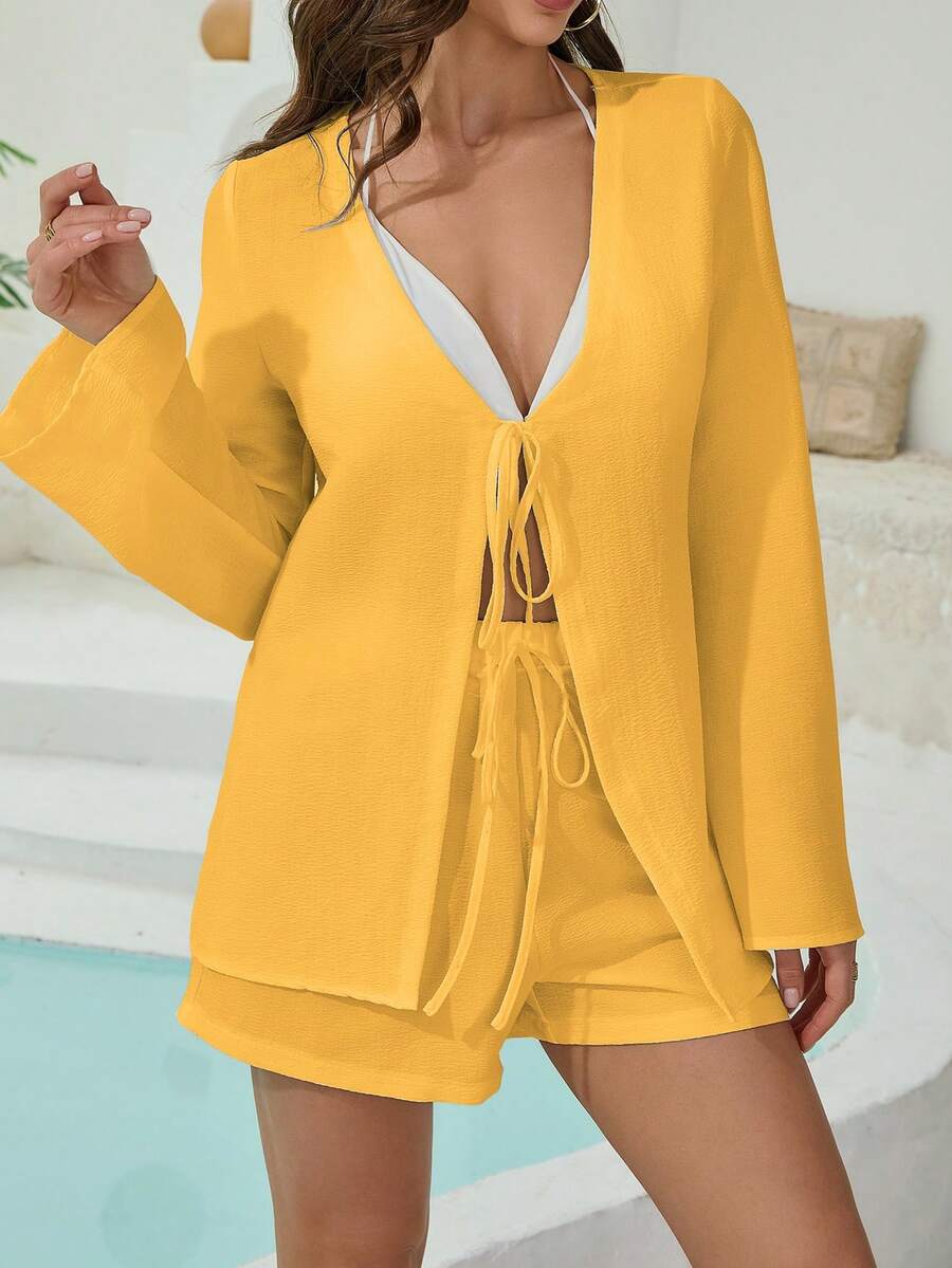 Bộ đồ nữ áo dài tay màu trơn và quần short, trang phục nghỉ dưỡng thường ngày - trái cam - Xem 1