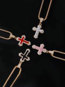 1pc New Titanium Steel Cross Necklace, Micro-Inlaid Zirconia Pendant Jewelry, Titanium Steel Versatile Sweater Chain Necklace