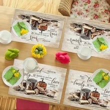 4 miếng lót đĩa bằng vải lanh, có thể giặt bằng máy bằng vải lanh, thiết kế tôn giáo Bless The Food Before Us, 12x18 inch, dùng để trang trí bàn ăn trong bếp - Nhiều màu - Xem 2