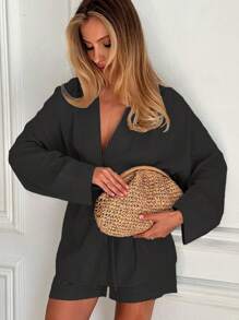 2pcs Women New Lace-Up Long Sleeve Top And Shorts Set - Black - View 3