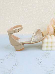 Girls' Pearl Embellished Summer Dress With High Heel Mary Jane Party Shoes, Suitable For Flower Girl, Wedding, Banquet, Princess And Toddler, Little Kid, Big Kid - Gold - View 7