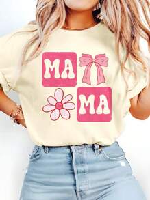 Áo thun cổ tròn in hoa nơ JOYY MAMA, phù hợp mặc thường ngày, mọi mùa - Màu be - Xem 3