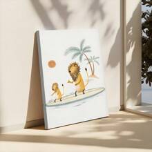 1 Pc Framed Lion Surfing Art Print, Surf Art Nursery, Beach Decor For Children Wall Decor For Bedroom Living Room, Ready To Hang