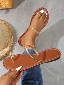 女士优雅条纹趾环平底凉鞋，时尚金色，夏季 - 金色 - 查看 6