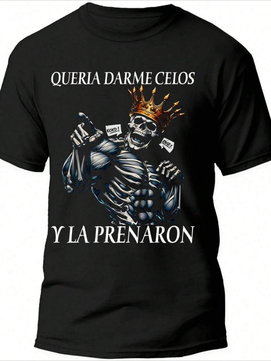 Playera Negra Hombre Calacas Chidas Queria Darme Celos Y La Preñaron Casual 100% Algodón - Negro - Ver 1
