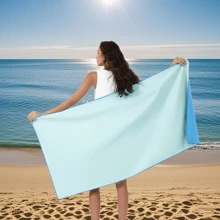 1 件高吸水超柔软超细纤维沙滩巾、速干双面毛绒沙滩巾、纯色便携式瑜伽健身运动毛巾、沙滩必需品、沙滩配件、泳池浮圈 - 雙色(寶藍+淡藍) - 查看 6
