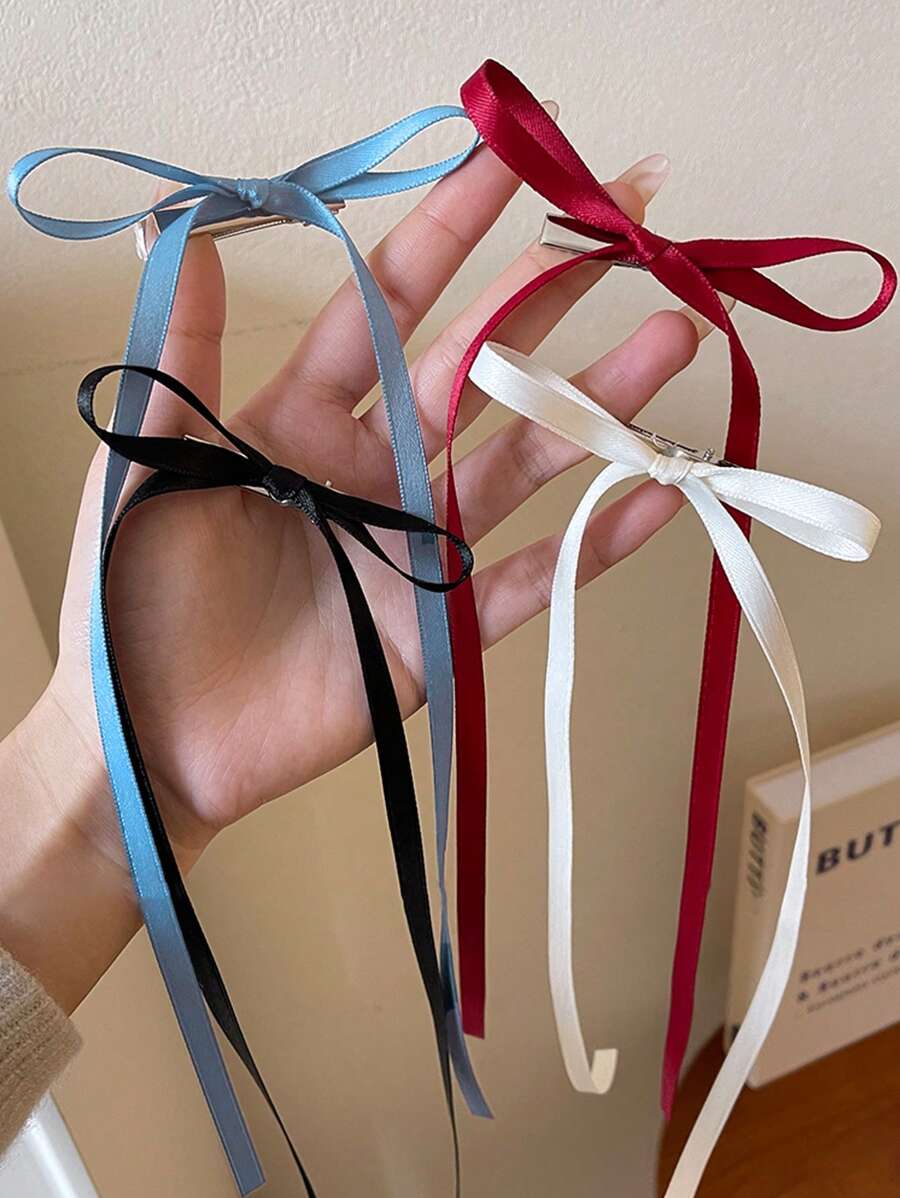 8 Stücke süße Ballettbänder, Schleifenbarrettes, minimalistische Doppel-Zopfclips, Prinzessinnen-Haarclips, Pony-Clips, Seitenclips, geeignet für den täglichen Gebrauch - Beige + Schwarz + Blau + Weinrot - Übersicht 1