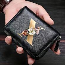 PU皮革字母印花风琴拉链卡包 女士男士钱包卡包零钱包信用卡夹 男士钱包，男士礼物 - 黑色 - 查看 32