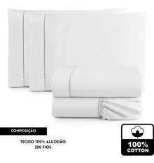 4-Piece King Size Sheet Set, Double Queen Size Percale, 200 Thread Count, 100% Plain Cotton, With Elastic, Soft Touch - 白色的 - 查看 3