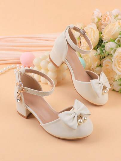 Girls White Cute Flower Girl Wedding Party Ballet Thick Heel Dress Shoes, Hook And Loop Floral Formal Pageant Dance Daily Casual Wear, Suitable For Summer All Season, Toddler/Little/Big Kid Sizes