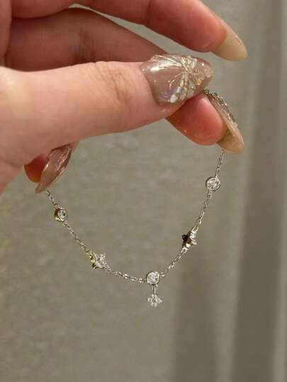 Fashionable Four-Leaf Clover & Stars Sparkling Zirconia Bracelet, Versatile Accessory