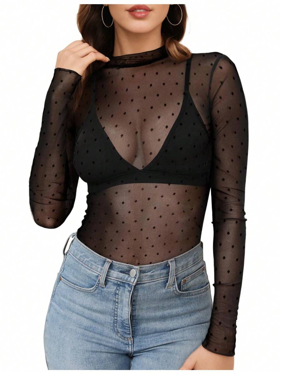 Women's Mesh Long Sleeve Top, Lace Sheer Blouse, Stand Collar Polka Dot See-Through Shirt, Black Dot Fishnet Top - 黑色 - 查看 1