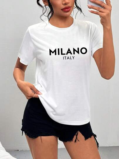 Women's Short Sleeve T-Shirt, Summer Milan-Inspired Printed Pattern, Suitable For Casual, Sports, Outdoor Activities, Travel, City Strolling And Other Occasions. Women's Casual Round Neck T-Shirt, Elastic Polyester Knit Fabric, Regular Fit, Women's Short Sleeve T-Shirt, Women's Top, Women's Summer Top, Women's Blouse White