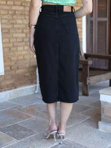 New Women's Slit Denim Skirt With Belt - 黑色 - 查看 6