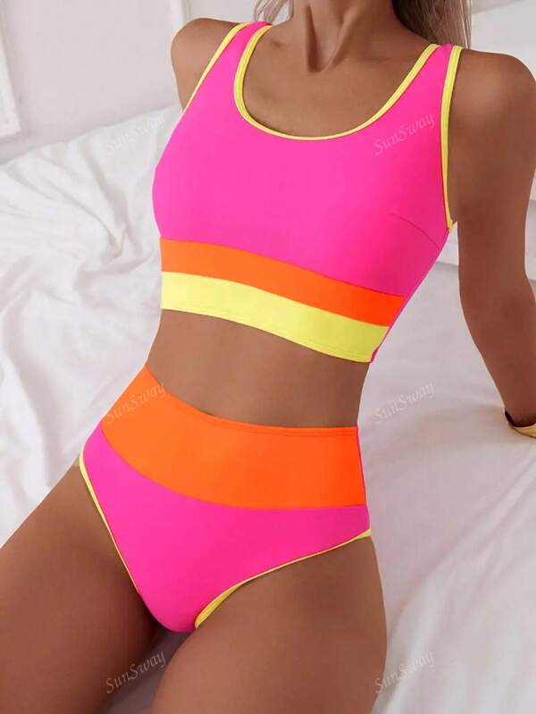 [Stretchy Color Block Tankini] High Stretch Color Block Sports Tankini Badmode - Dames Polyamide & Elastaan Mix Ronde Hals - Uitneembare Padding Voor Atletische Stijl Wimpersets