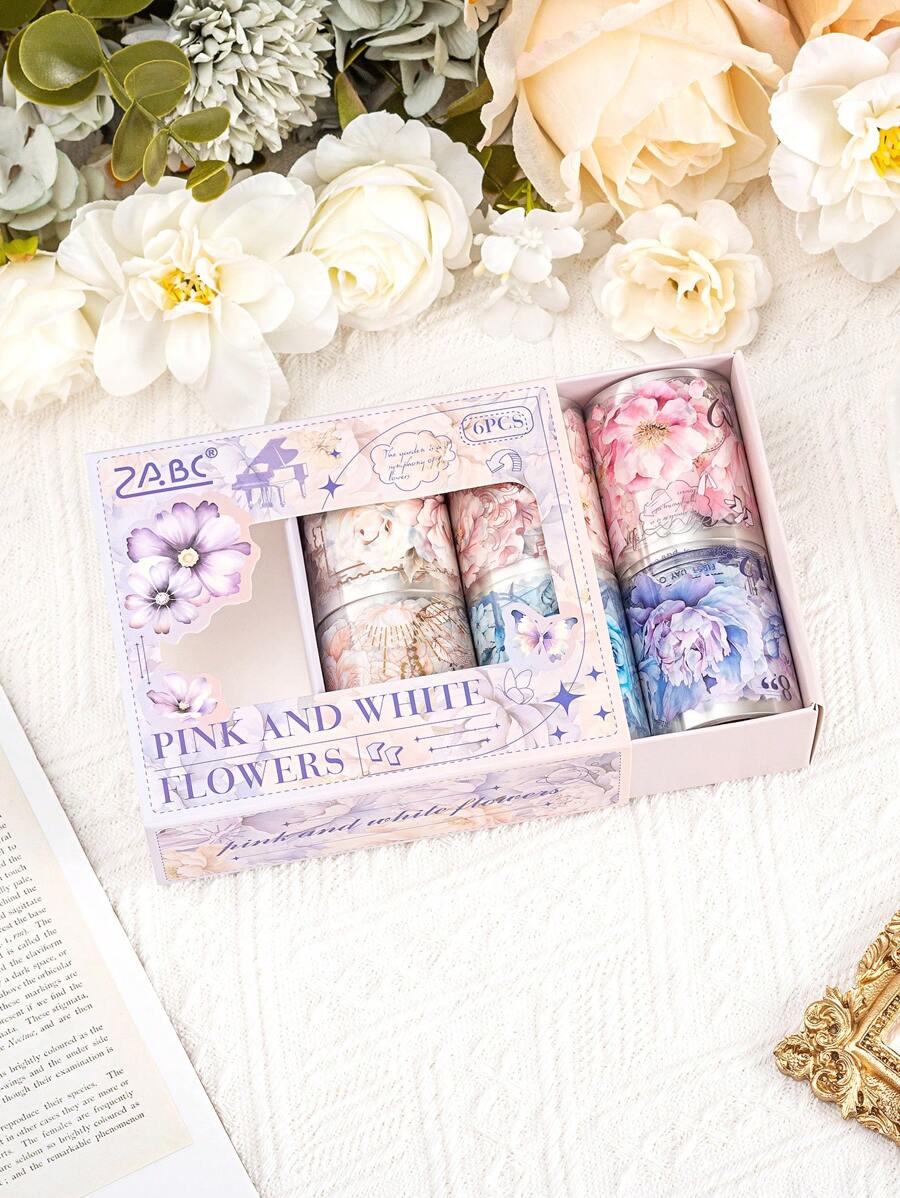 6pcs/ Set Flowers And Plants Series Washi Tape, Decorative Adhesive Tapes For Scrapbooking, Journals, Phone Cases, Planners, Frames, Envelopes, DIY Crafts - Reusable And Easy To Use Handbook Material Tape Great Gift For Family And Friends!