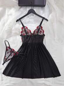 Vestido de tirantes transparente y sexy con encaje en contraste de unicolor y malla para mujer