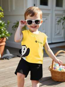 2pcs/Set Baby Boys' Sleeveless Panda Print Tank Top And Shorts, Suitable For Summer Outings