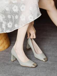 Chunky Heel Colorblock Square Toe Dress Pumps, Fashionable Character Ladies' Office Shoes