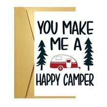 1pc Happy Camper Greeting Card With Envelope – Woodsy Camping Design Featuring Pine Trees & Red Camper, Perfect Gift For Family, Friends, Hikers, And Camping Enthusiasts, Ideal For Any Occasion