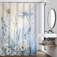 [1/4 套森林主题浴室装饰] 1/4 套蜻蜓和花卉印花浴室装饰套装，由编织涤纶制成，森林主题，带衬里，防褪色，带绳，包括防水浴室配件、浴室垫和马桶座套，带 12 个挂钩，适合 180x180cm 母亲节鲜花、给妈妈的个性化礼物、最后一分钟的礼物、母亲节创意、母亲节礼物、给妈妈的手工卡片、50 美元以下的最佳母亲节礼物