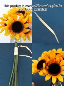 1 Bunch (5 Branches) 13 Inch(H) Simulation Sunflower Bouquet Home Living Room Bedroom Office Wedding Birthday Party Tabletop Decoration Hand Flower Shooting Props Gifts Graduation