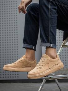 男士简约字母图案低帮系带平底情侣休闲鞋，时尚百搭，适合户外、通勤、运动休闲运动鞋 - 卡其 - 查看 7