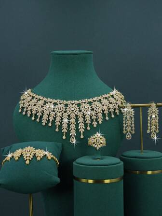 5 件奢华白金镀中东皇家风格大号绿水晶泪珠新娘婚礼首饰套装，包括项链、手链、耳环、戒指，适合日常佩戴和婚礼、结婚周年纪念礼物，附赠圣诞节黄金礼盒