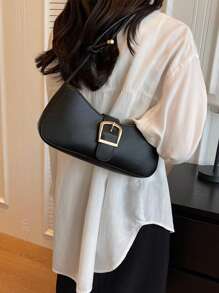 Versatile Minimalist PU Plain Buckle Shoulder Bag, Simple And Fashionable - Black - View 6