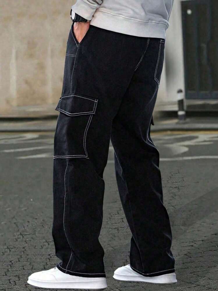 1 件男士多口袋纯色修身工装裤，适合夏季海滩、度假、日常通勤、锻炼、户外、休闲、健身、跑步、宽松直筒裤，时尚街头风格 - 黑色 - 查看 4