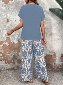 Women's Casual Solid Color Crew Neck Short Sleeve And Floral Print Pants Two Piece Summer Sets,Beach/Vacation/Daily Outfits - Màu xanh nhạt - Xem 3