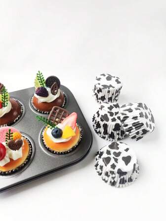 100pcs/Pack Black & White Cow Print Baking Paper Cups, Mini Muffin Liners For Birthday Party, Farm Animal Party And Holiday Baking Supplies, Greaseproof Cupcake Wrappers