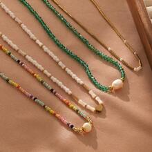 1pc Stainless Steel 18K Layered Pearl Beaded Necklace, Fashionable & Formal, Suitable For Party, Dating, And Work Wear - Yellow Gold - View 2